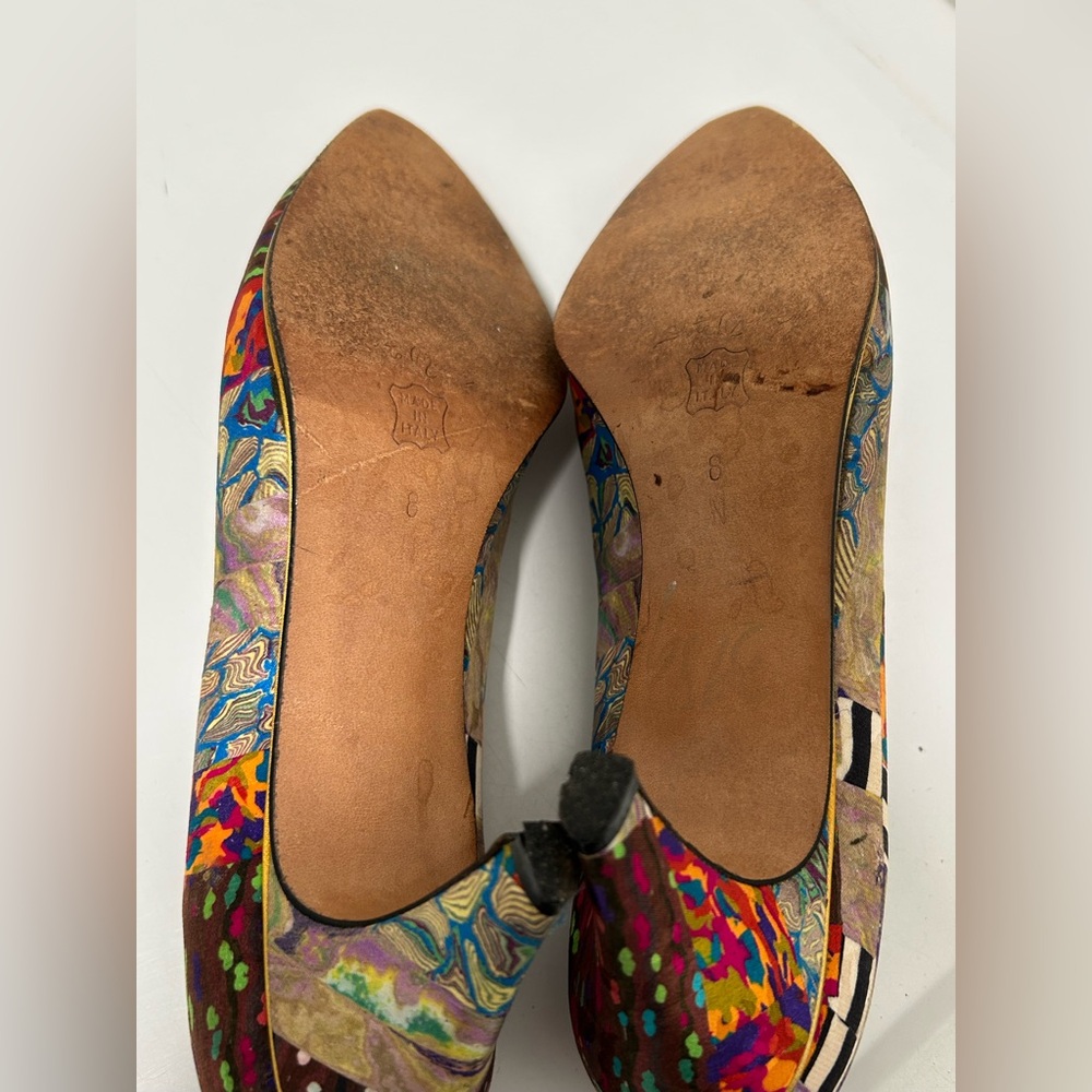 Sesto Meucci Artsy Silk Heels Brown Green Multi Size 8 N Narrow - Picture 10 of 13